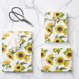 Gele zonnebloemen en zonnebloempitten inpakpapier vel