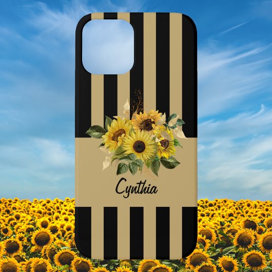 Gele zonnebloemen en zwarte en goudstrips Case-Mate iPhone case