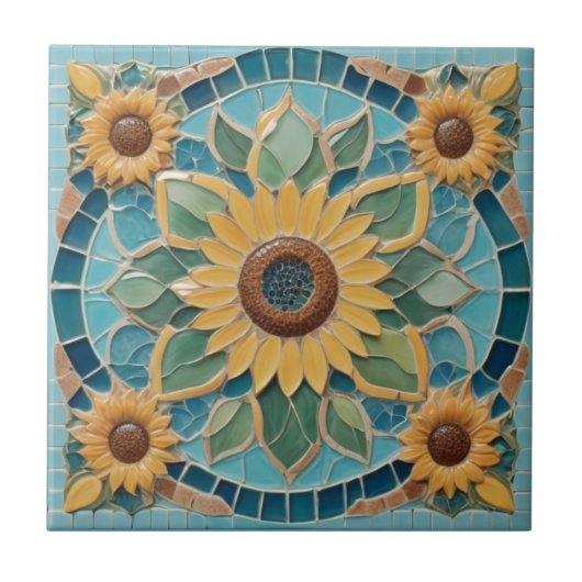 Gele Zonnebloemen Faux Mosaic Aqua Blue Tegeltje (Voorkant)