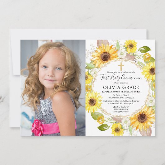 Gele zonnebloemen Foto van de Eerste Heilige Commu Kaart (Voorkant)