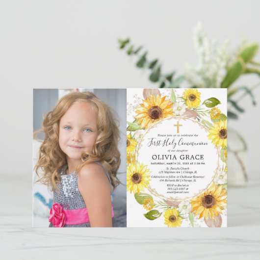 Gele zonnebloemen Foto van de Eerste Heilige Commu Kaart (Staand voorkant)