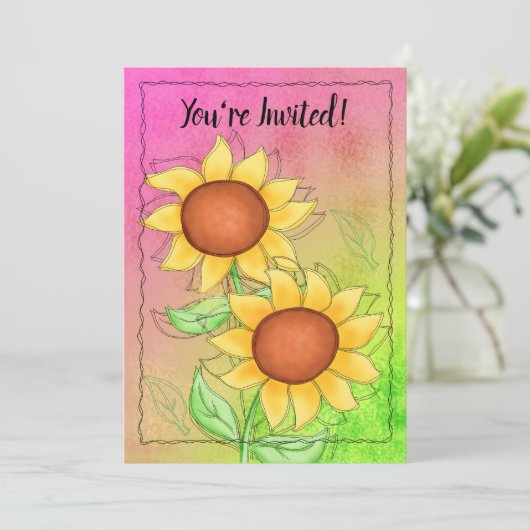 Gele zonnebloemen Getextureerd Roze Groen Jubileum Kaart (Staand voorkant)