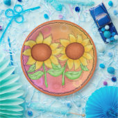 Gele zonnebloemen Getextureerde roze groene bloeme Papieren Bordje (Feest)