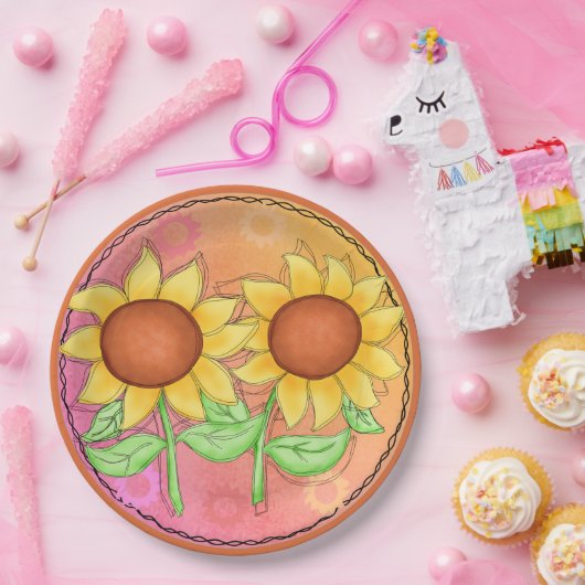 Gele zonnebloemen Getextureerde roze groene bloeme Papieren Bordje (Feest)