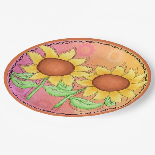 Gele zonnebloemen Getextureerde roze groene bloeme Papieren Bordje (Gekanteld)