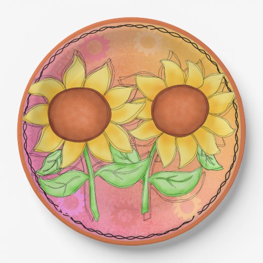 Gele zonnebloemen Getextureerde roze groene bloeme Papieren Bordje (Voorkant)