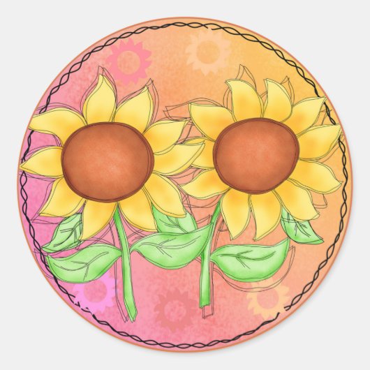Gele zonnebloemen Getextureerde roze groene bloeme Ronde Sticker (Voorkant)