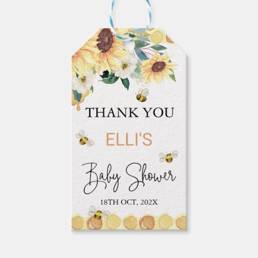 Gele zonnebloemen, gezoet als Baby shower Inv Cadeaulabel (Voorkant)