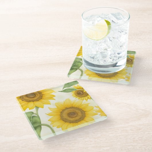 Gele zonnebloemen glazen onderzetter (Schuin)