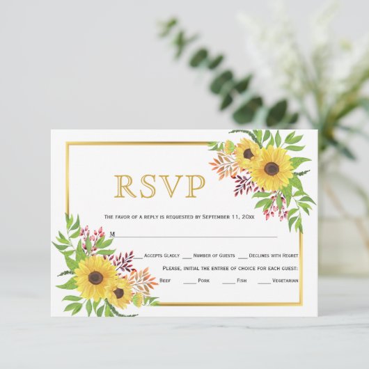 Gele zonnebloemen, gouden lijst bruiloft RSVP-kaar RSVP Kaartje (Staand voorkant)