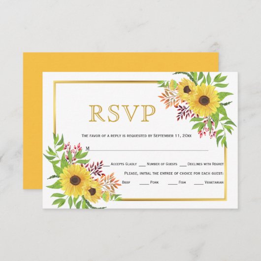 Gele zonnebloemen, gouden lijst bruiloft RSVP-kaar RSVP Kaartje (Voorkant / Achterkant)