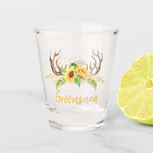 Gele zonnebloemen Greenery Antlers Groomsman Shot Glas