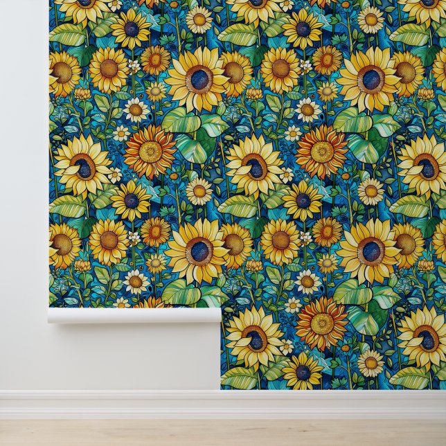 Gele zonnebloemen, groene bladeren, Klimt vibe Behang (Applicatie)