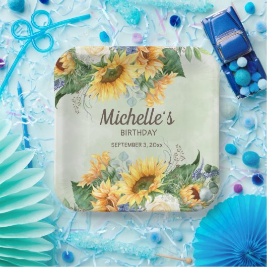 Gele zonnebloemen Groene Eucalyptus Birthday Papieren Bordje (Feest)