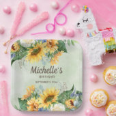 Gele zonnebloemen Groene Eucalyptus Birthday Papieren Bordje (Feest)