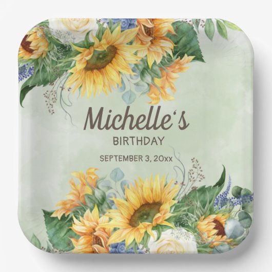 Gele zonnebloemen Groene Eucalyptus Birthday Papieren Bordje (Voorkant)