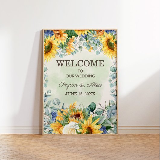 Gele zonnebloemen Groene Eucalyptus Leaves Weddens Poster