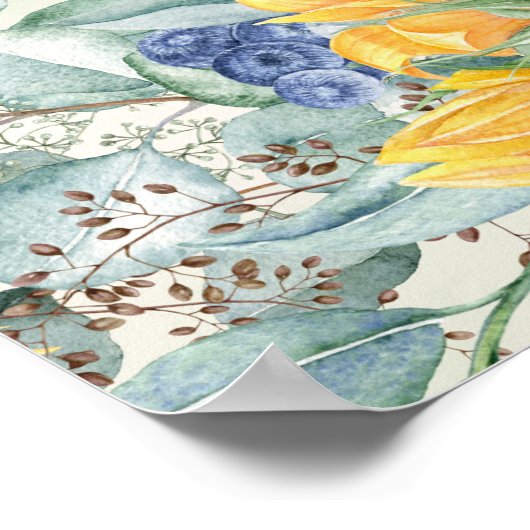 Gele zonnebloemen Groene Eucalyptus Leaves Weddens Poster (Hoek)