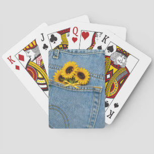 Gele zonnebloemen in blauwe jeanszak pokerkaarten
