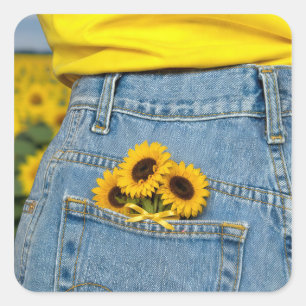 Gele zonnebloemen in blauwe jeanszak vierkante sticker
