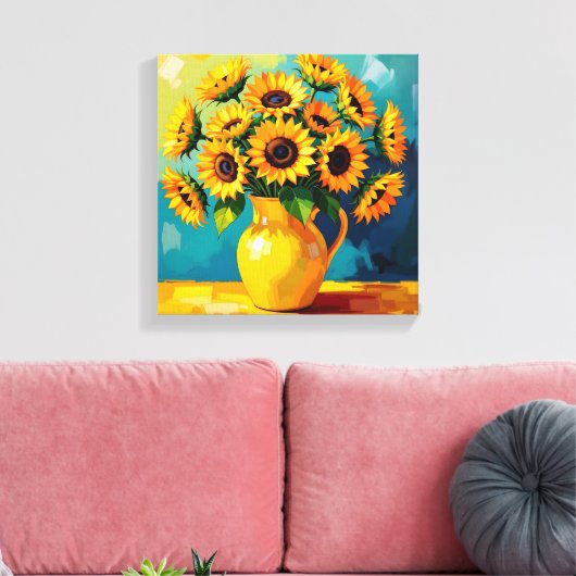 Gele Zonnebloemen in een Gele Vaas Canvas Afdruk (Insitu (Woonkamer))