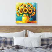 Gele Zonnebloemen in een Gele Vaas Canvas Afdruk (Insitu (Slaapkamer))