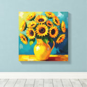 Gele Zonnebloemen in een Gele Vaas Canvas Afdruk (Insitu (Houten vloer))