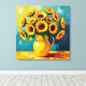 Gele Zonnebloemen in een Gele Vaas Canvas Afdruk (Insitu (Houten vloer))