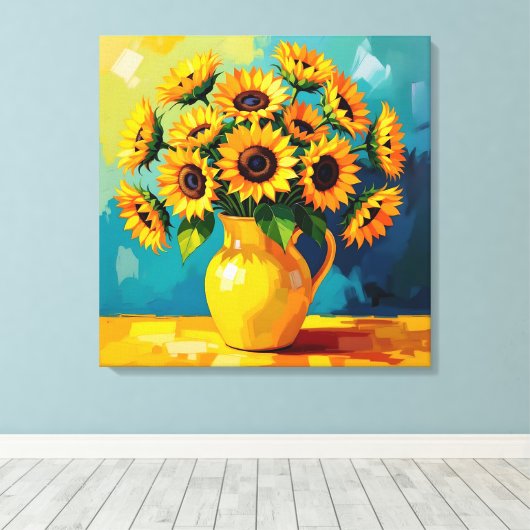 Gele Zonnebloemen in een Gele Vaas Canvas Afdruk (Insitu (Houten vloer))