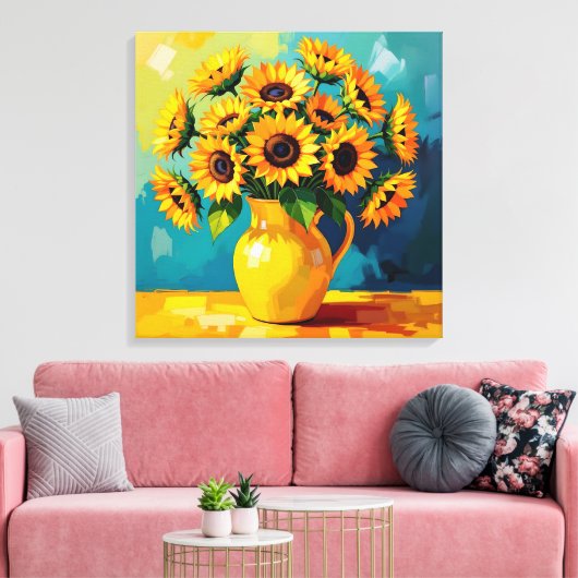 Gele Zonnebloemen in een Gele Vaas Canvas Afdruk (Insitu (Woonkamer))