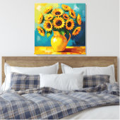 Gele Zonnebloemen in een Gele Vaas Canvas Afdruk (Insitu (Slaapkamer))
