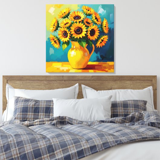 Gele Zonnebloemen in een Gele Vaas Canvas Afdruk (Insitu (Slaapkamer))