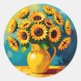 Gele Zonnebloemen in een Gele Vaas Ronde Sticker