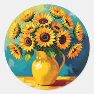 Gele Zonnebloemen in een Gele Vaas Ronde Sticker