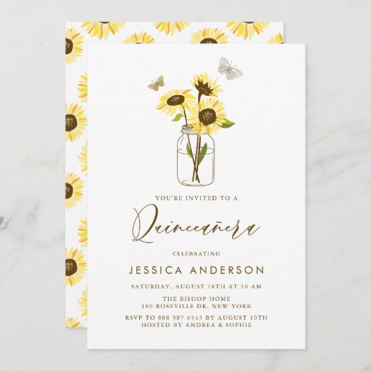 Gele Zonnebloemen in een Mason Jar Quinceañera Kaart (Voorkant / Achterkant)