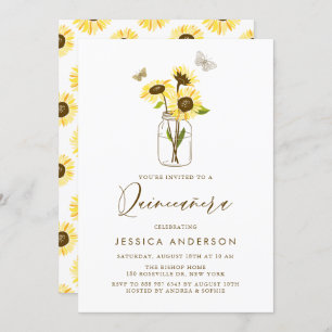 Gele Zonnebloemen in een Mason Jar Quinceañera Kaart