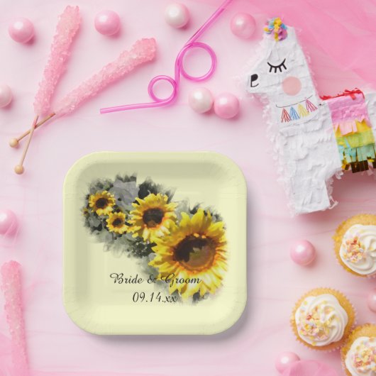 Gele zonnebloemen in een Roow Garden Weddenschap Papieren Bordje (Feest)