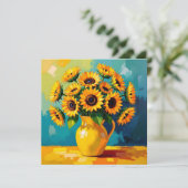 Gele Zonnebloemen in een Vaas in Impasto-stijl Feestdagenkaart (Staand voorkant)