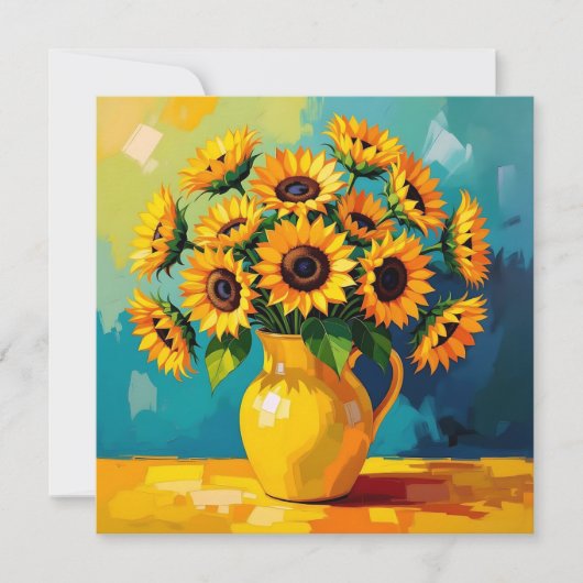 Gele Zonnebloemen in een Vaas in Impasto-stijl Feestdagenkaart (Voorkant)
