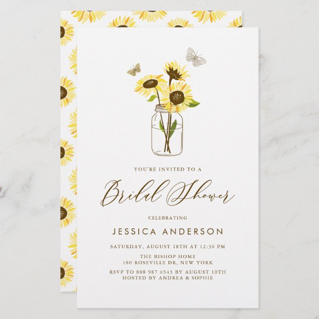 Gele Zonnebloemen in Jar Bruidsdouche Uitnodiging (Voorkant / Achterkant)