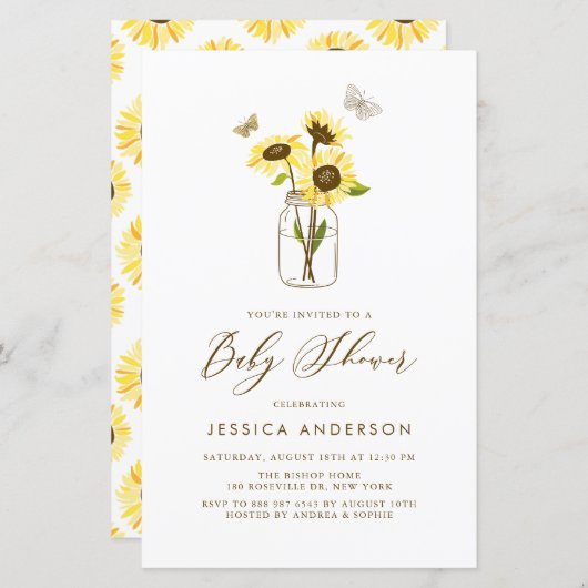 Gele Zonnebloemen in Mason Jar Baby shower Invite (Voorkant / Achterkant)