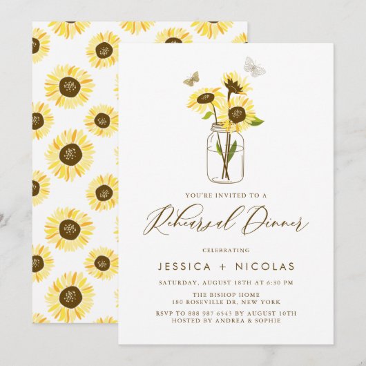 Gele zonnebloemen in Mason Jar repetitie diner Kaart (Voorkant / Achterkant)