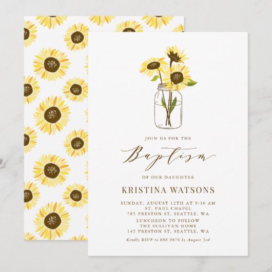 Gele zonnebloemen in Mason Jar Summer Baptisme Kaart (Voorkant / Achterkant)