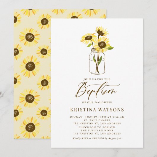 Gele zonnebloemen in Mason Jar Summer Baptisme Kaart (Voorkant / Achterkant)