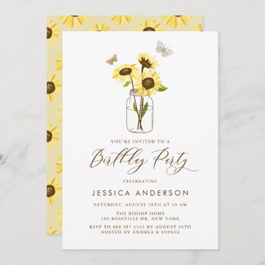 Gele Zonnebloemen in Mason Jar Verjaardagsfeest Kaart (Voorkant / Achterkant)