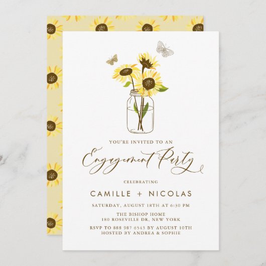 Gele Zonnebloemen in Mason Jar Verlovingsfeest Kaart (Voorkant / Achterkant)