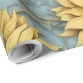 Gele zonnebloemen met bleke blauwe achtergrond cadeaupapier (Rol Hoek)