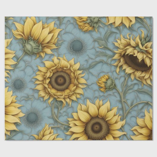 Gele zonnebloemen met bleke blauwe achtergrond cadeaupapier (Vlak)