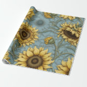 Gele zonnebloemen met bleke blauwe achtergrond cadeaupapier (Uitgerold)