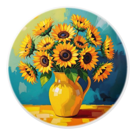 Gele zonnebloemen met turquoise achtergrond keramische knop (Voorkant)